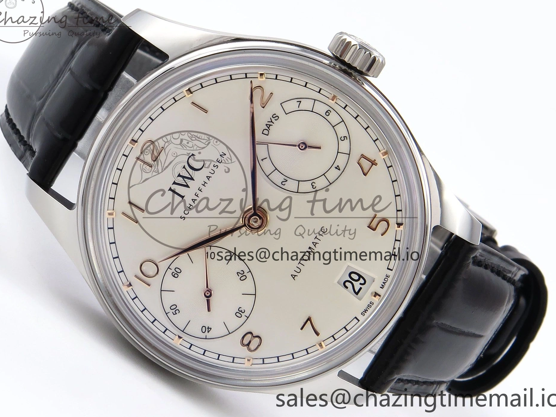 MIROTIME 0214 OnTrend Portugieser Automatic 42mm SS APSF 1:1 Best Edition White RG Dial on Black Leather Strap A 7010